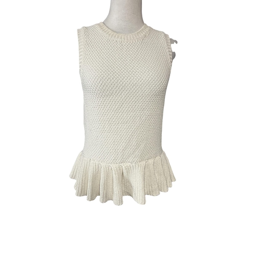 Veronica Beard Sweater Womens XS White Cotton Crew Neck Peplum Sleeveless Knit